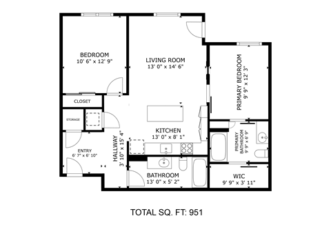 Floor plan for 2 beds, 2 baths, 921 sqft